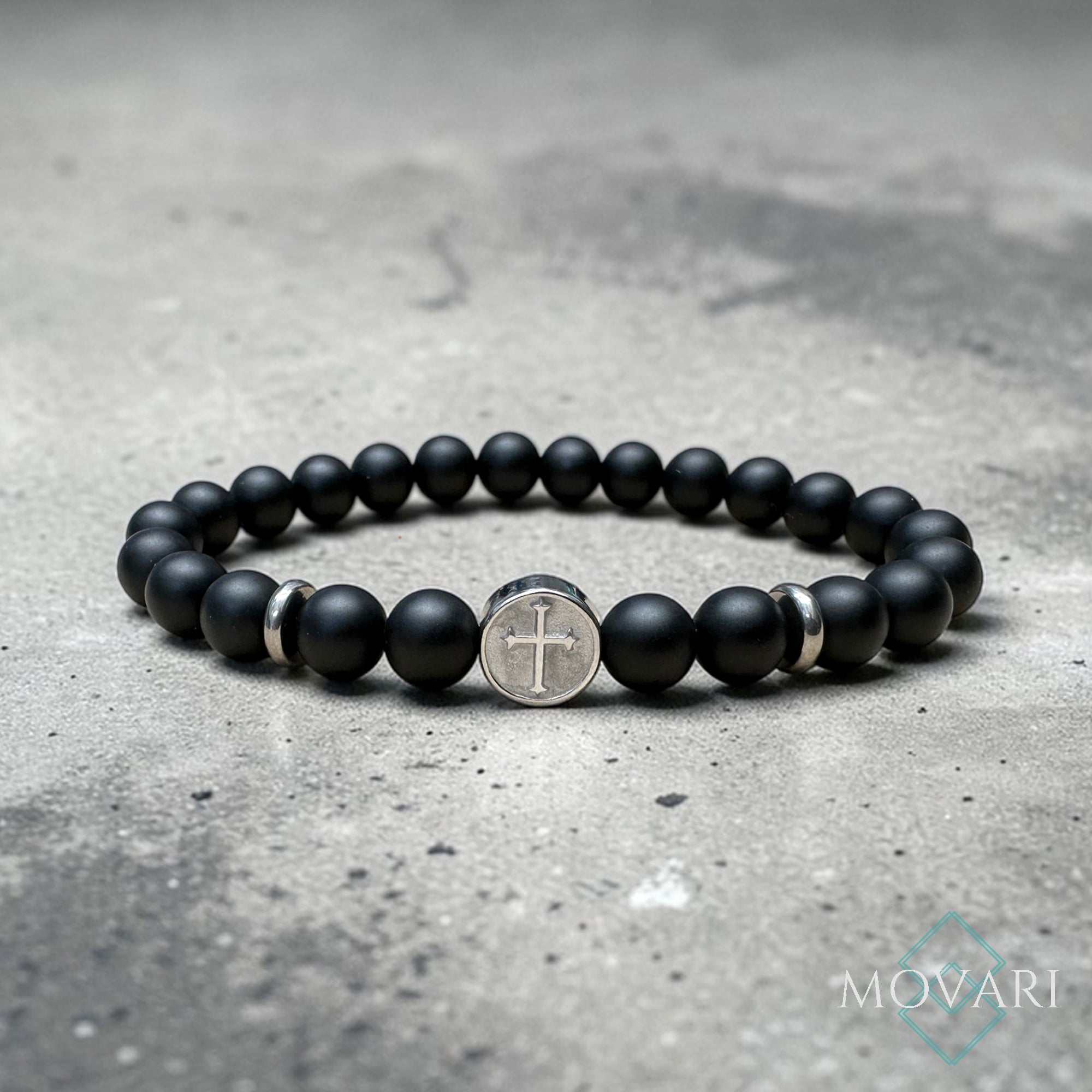 Black Onyx Cross Bead Bracelet 8mm Steel Cross Charm