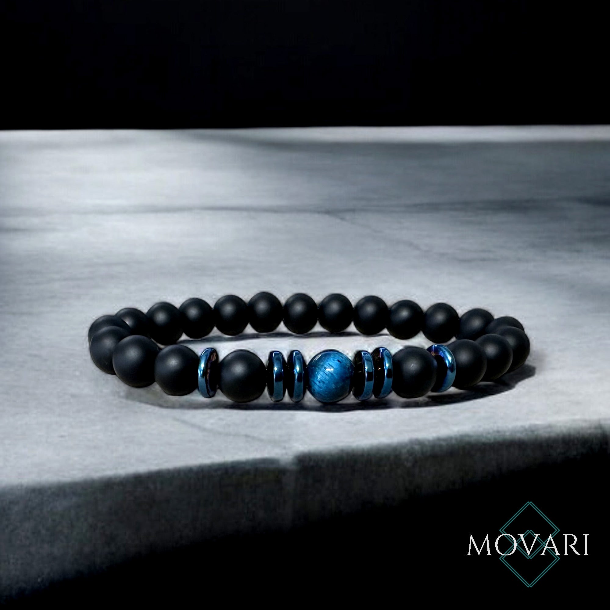 Blue Tiger's Eye Blue Hematite Onyx Bead Stretch Bracelet Handmade