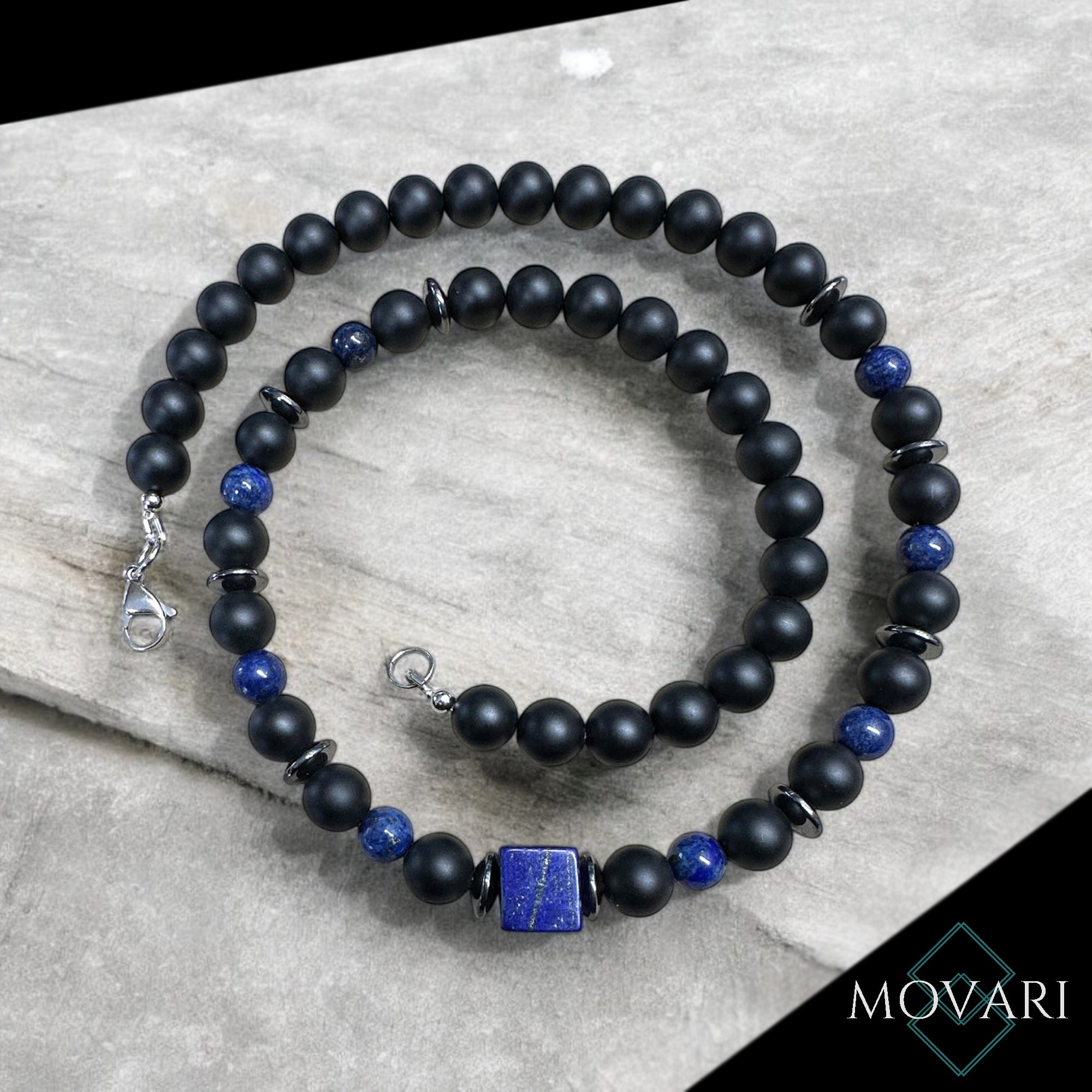 Lapis Cube 10mm Mens Beaded Necklace Onyx Hematite Water Safe
