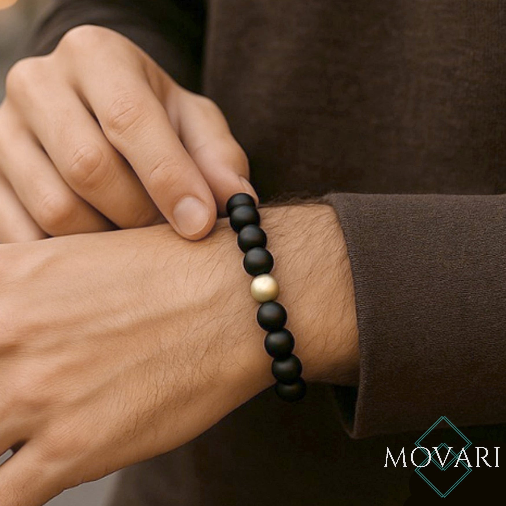 sophisticated Matte sand blasted 14k Gold Black Onyx Bead Stretch Bracelet