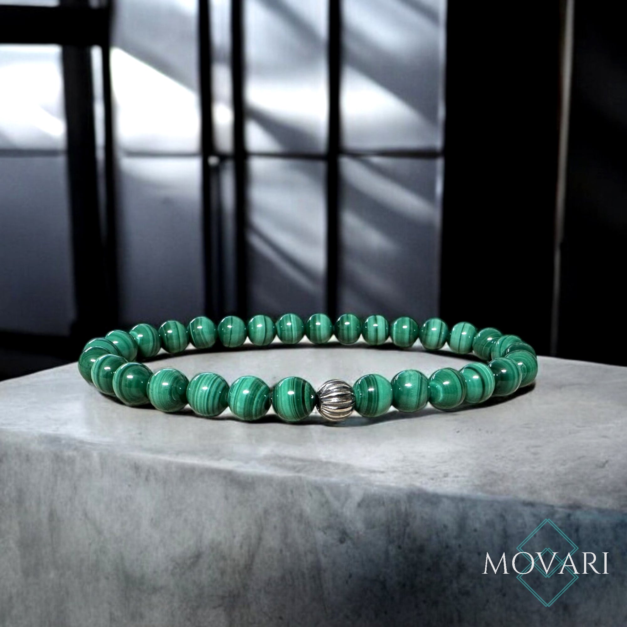 Malachite 6mm Bead Bracelet 925 Silver Sphere Green Beads Gemstones