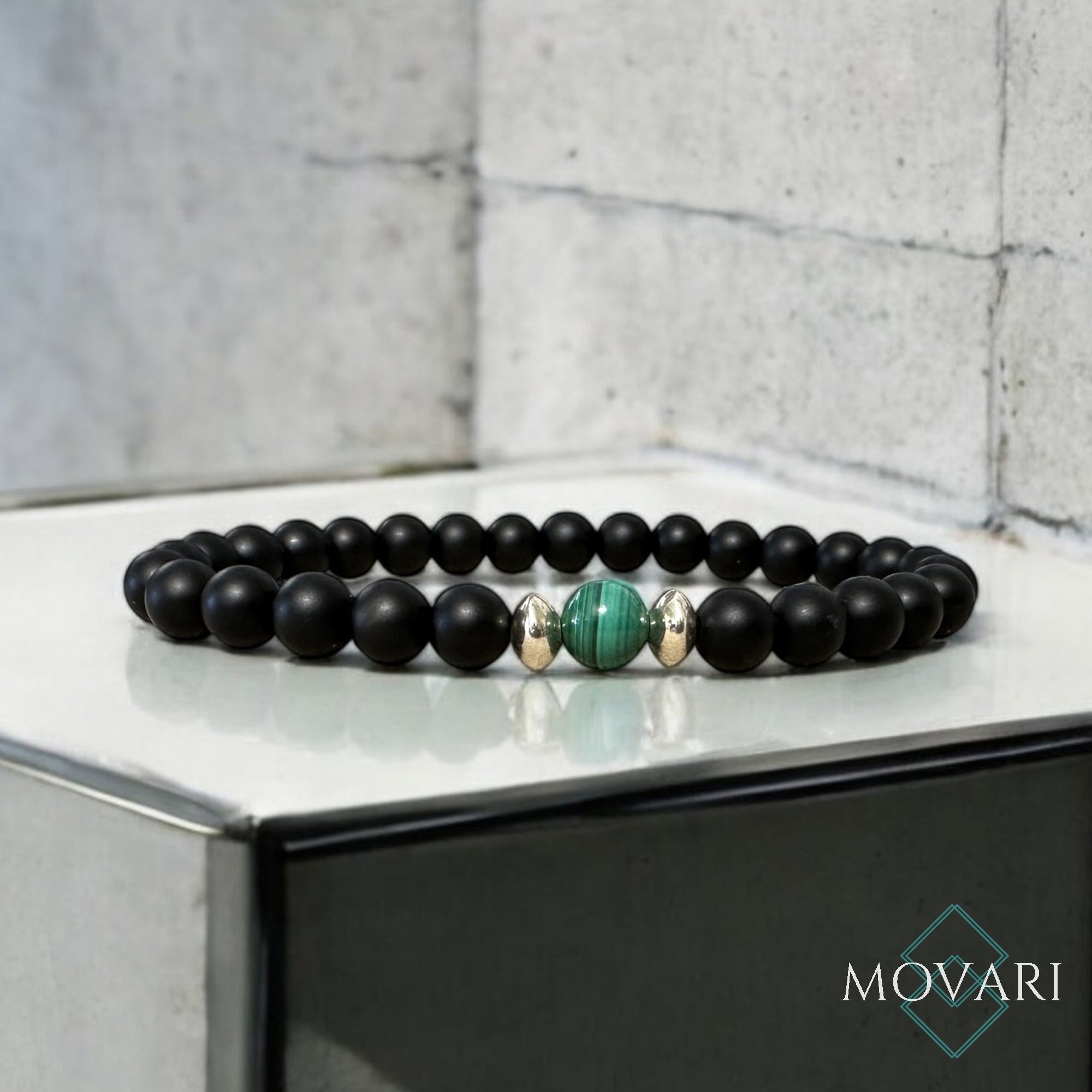 Classy Mens Bead Bracelet 925 Sterling Silver And Malachite 6mm Stretchy