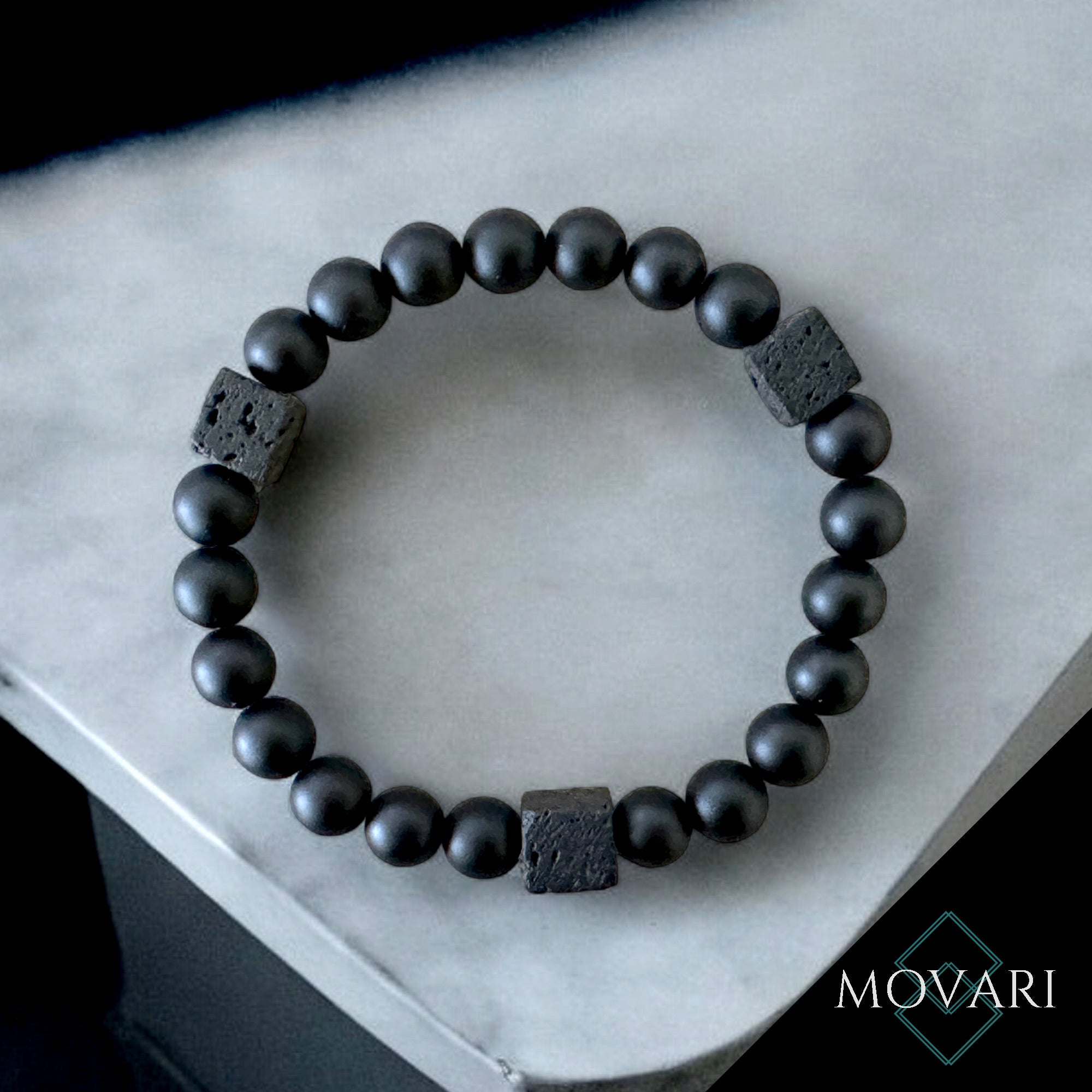Mens Black Bracelet 8mm Black Onyx with Lava Cube Beads