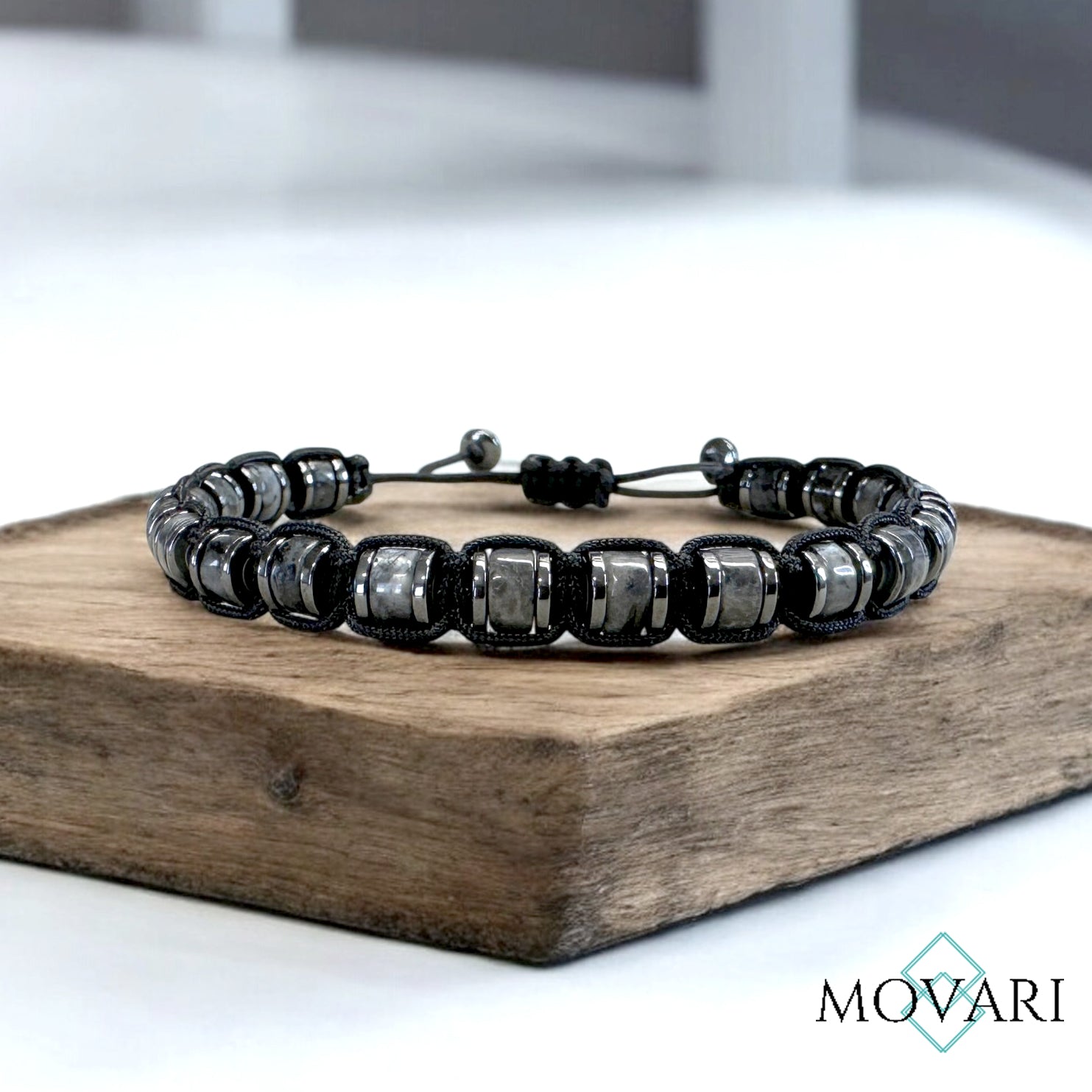 Adjustable Macramé Bracelet Larvikite Hematite Mens Casual