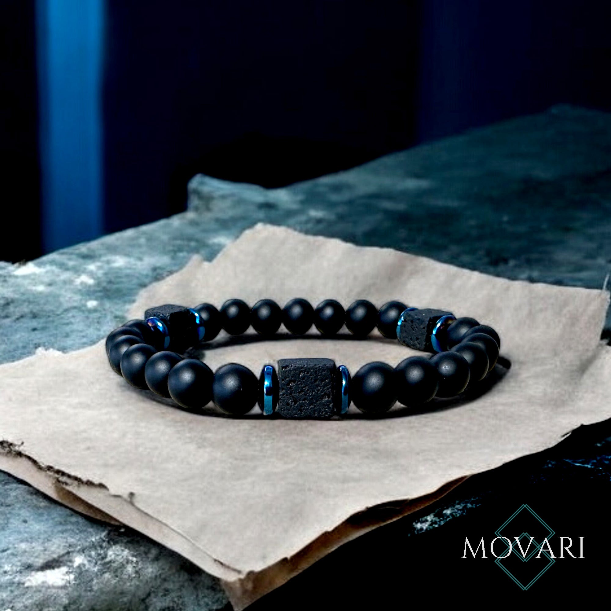 Handmade Mens Bracelet Black Onyx Lava Cubes Blue Hematite