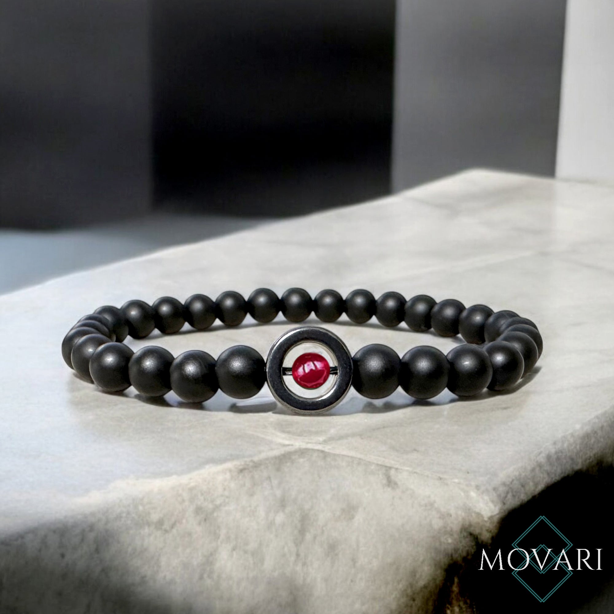 Ruby Bracelet 6mm minimal matte Black Onyx Hematite July Birthstone