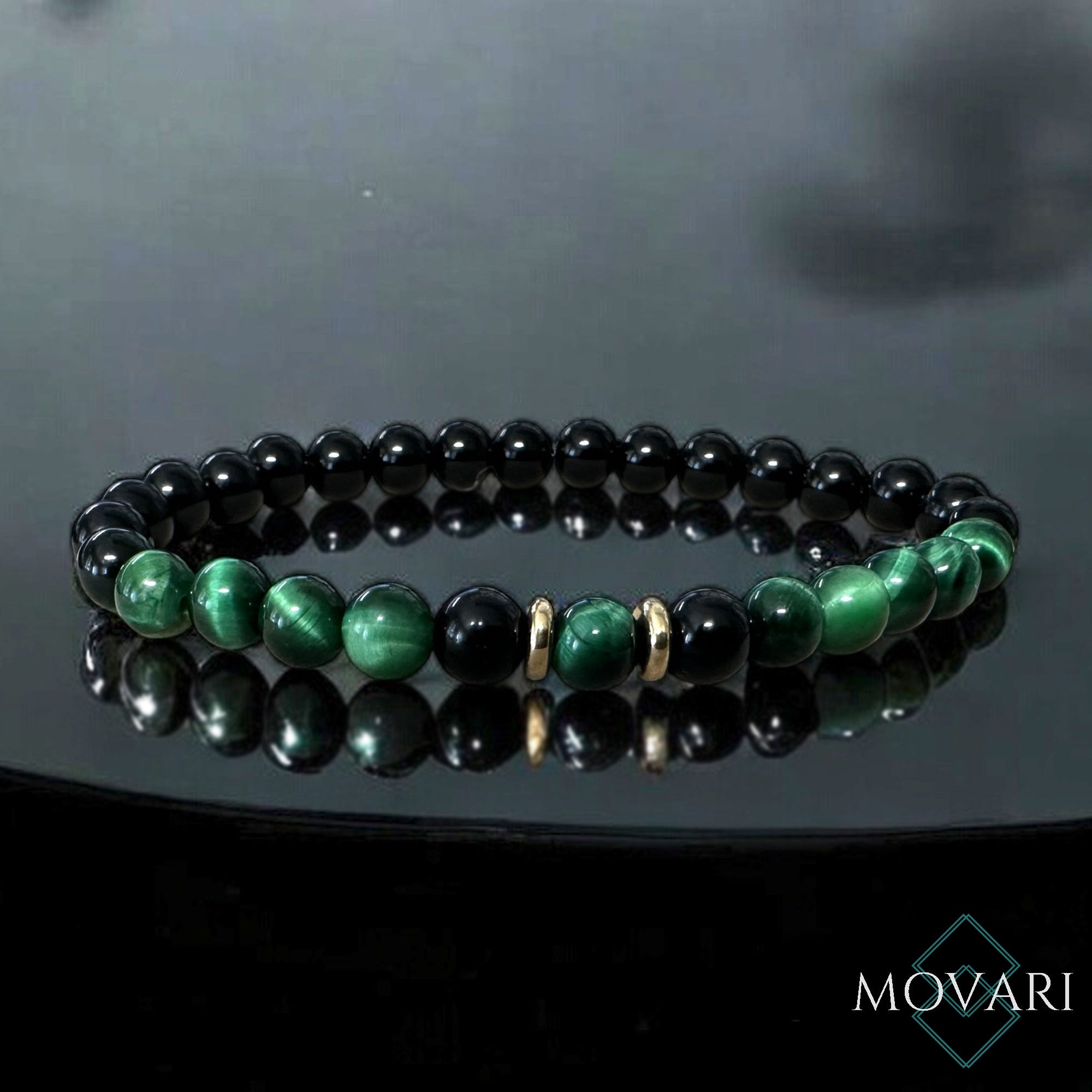 minimal Mystic Green Tigers Eye Obsidian Brass Bead Stretch Bracelet 6mm