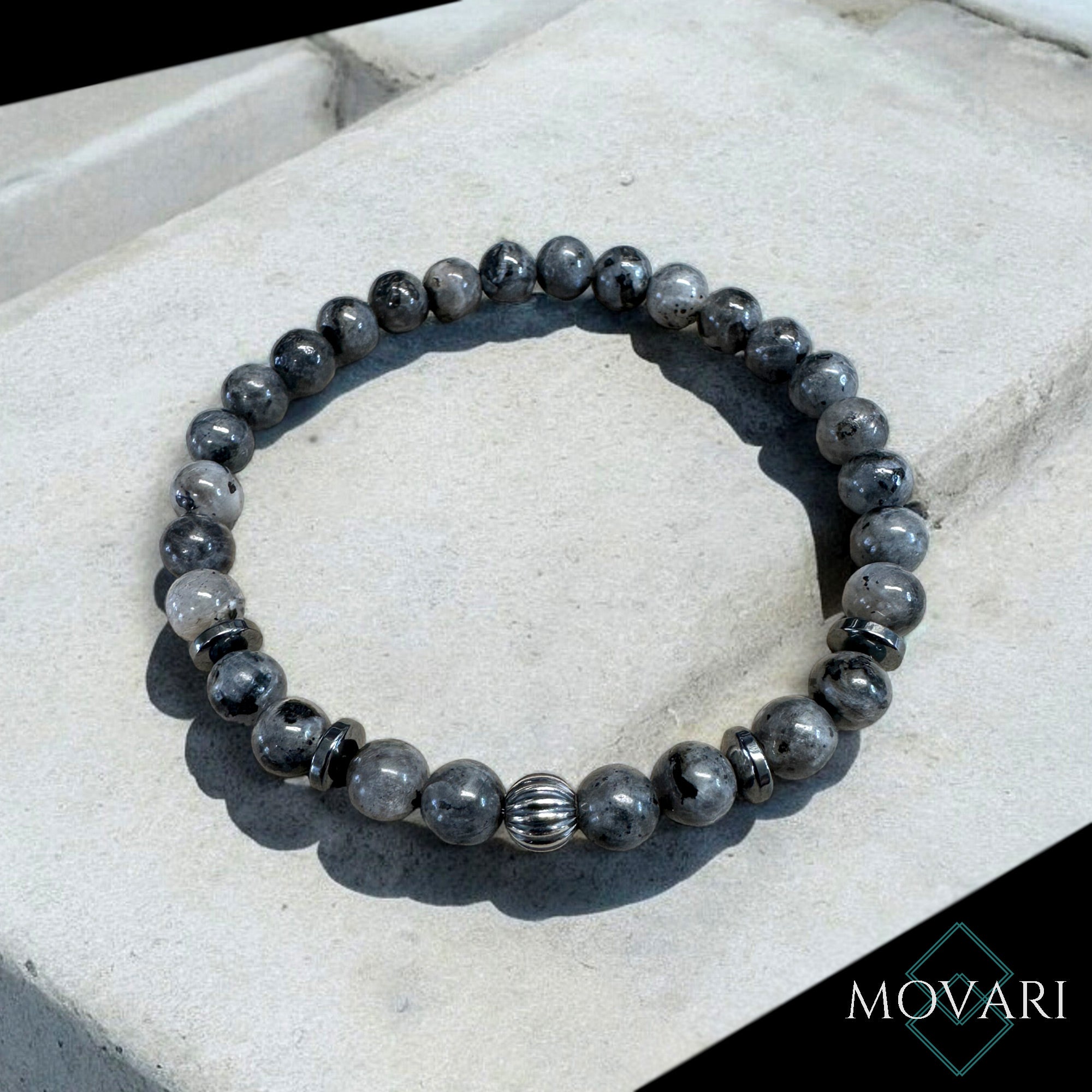 Flash Larvikite Hematite 925 Sterling Silver 6mm Bead Bracelet
