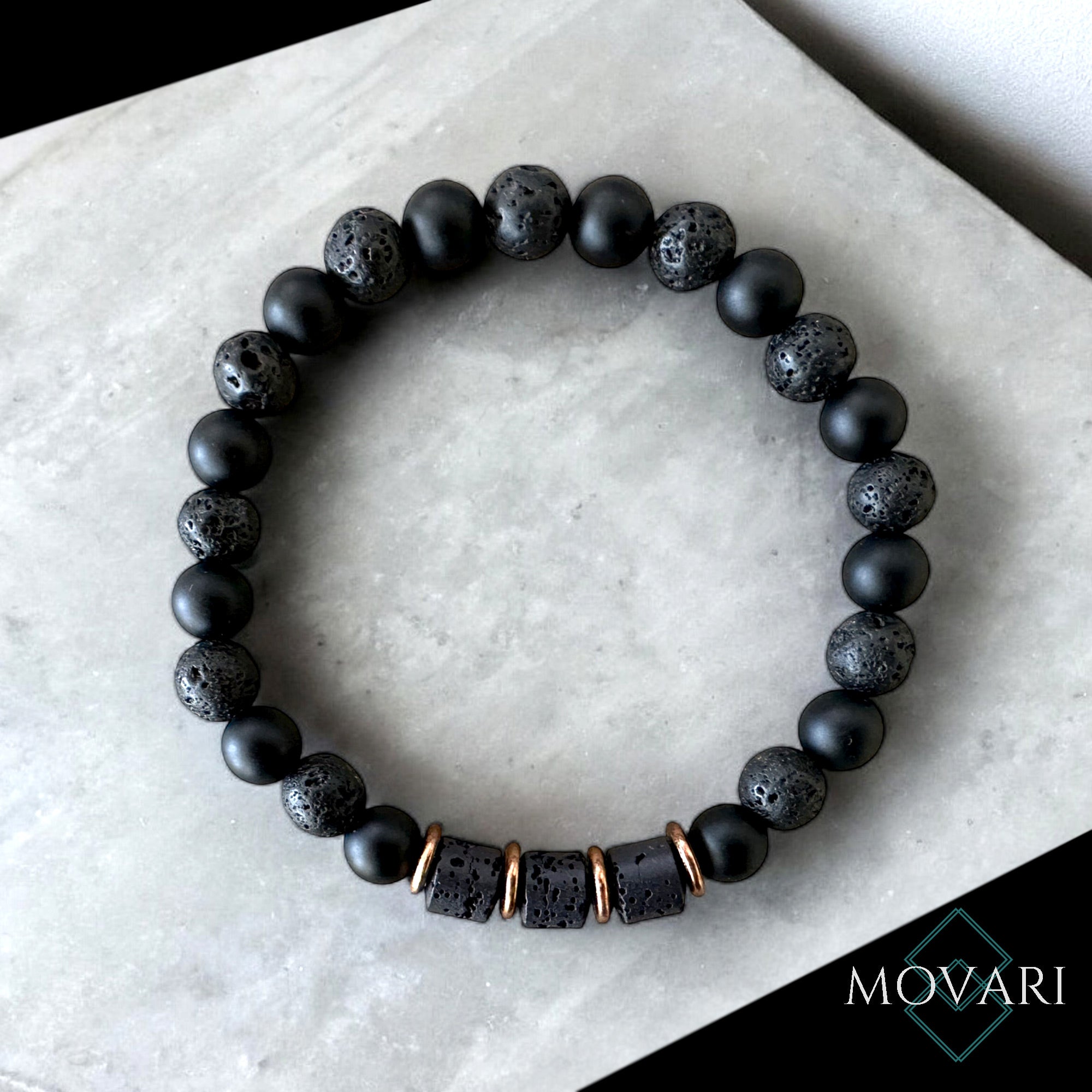 Mens Black Beaded Bracelet Onyx Lava Cylinder Copper Essential Oils 8mm
