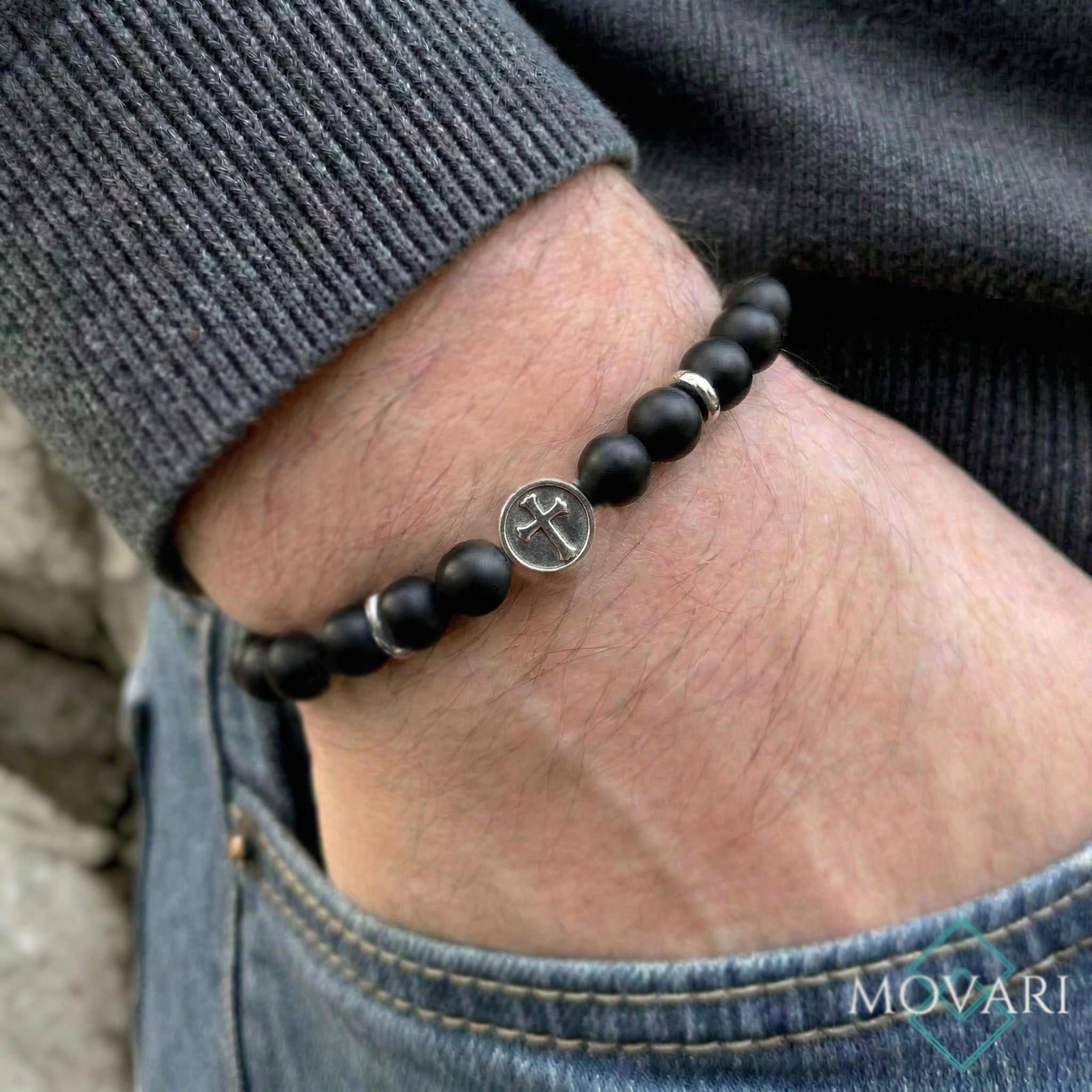 Black Onyx Cross Bead Bracelet 8mm stainless Steel Cross Charm
