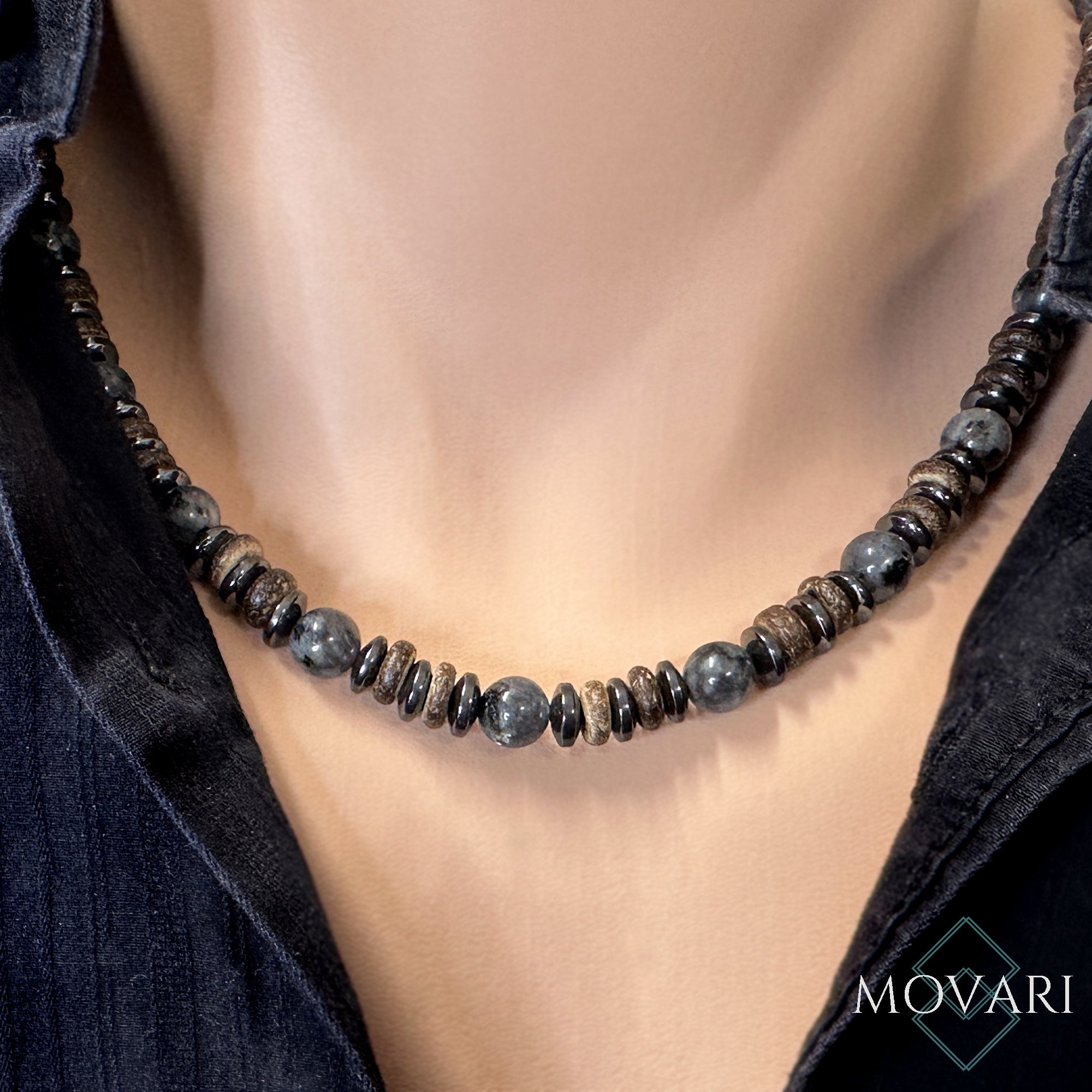 Surfer Necklace Larvikite Coconut 8mm For Men Handmade in U.S.A.