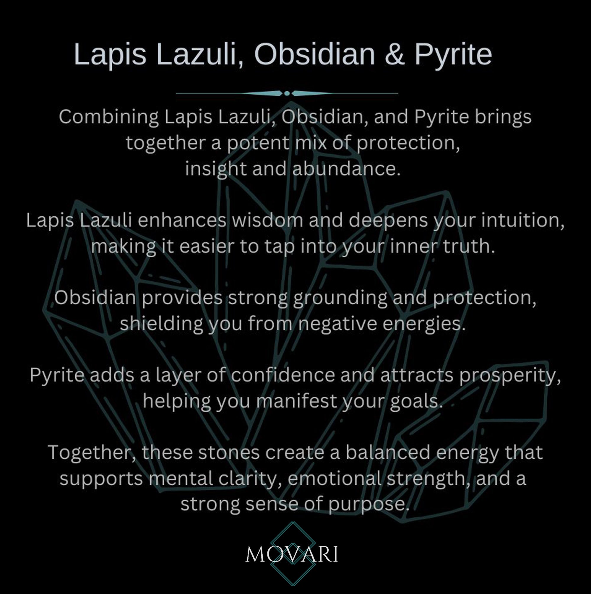 lapis lazuli, obsidian and pyrite stone meaning card