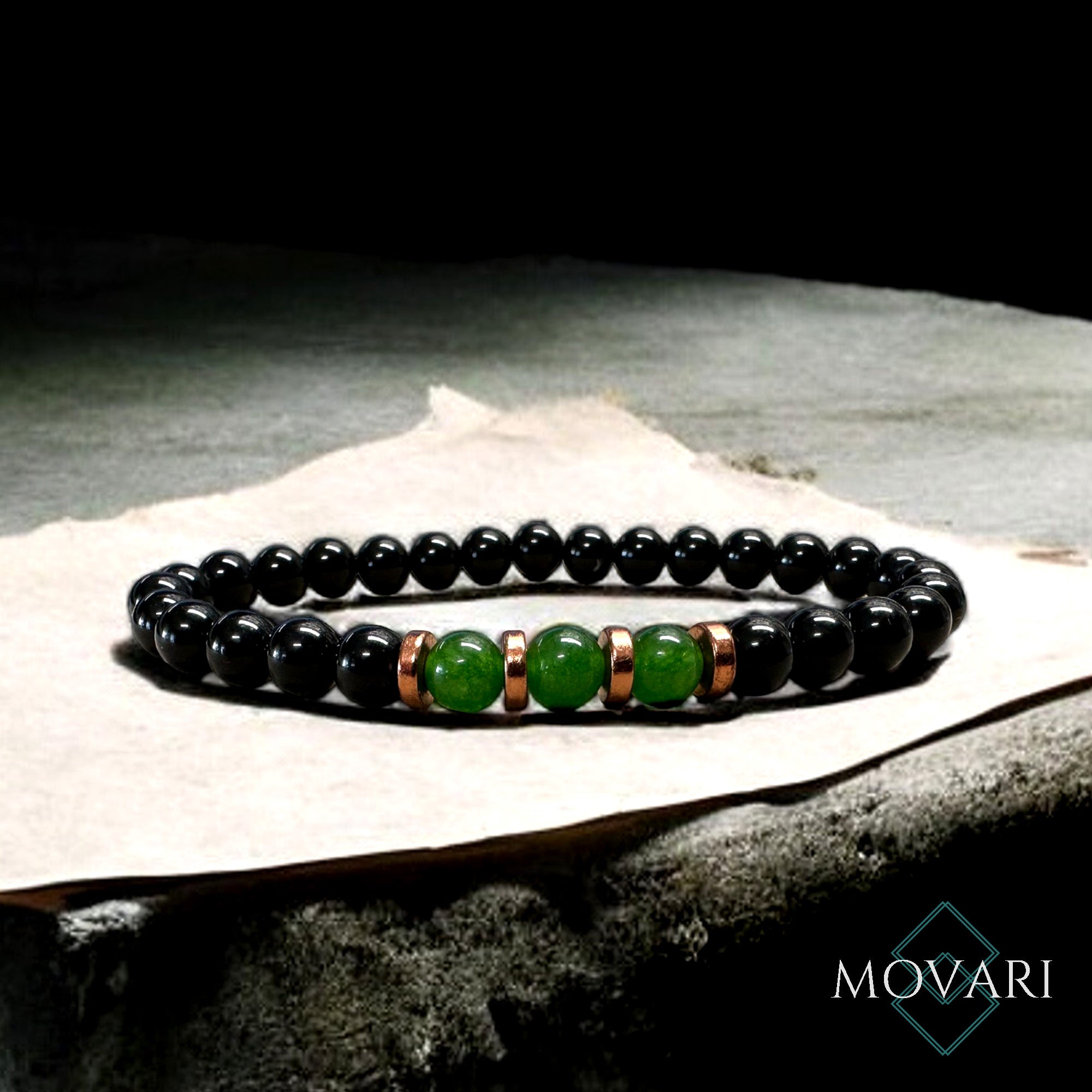 Mens Bead Bracelet Green Jade Obsidian and Copper 6mm