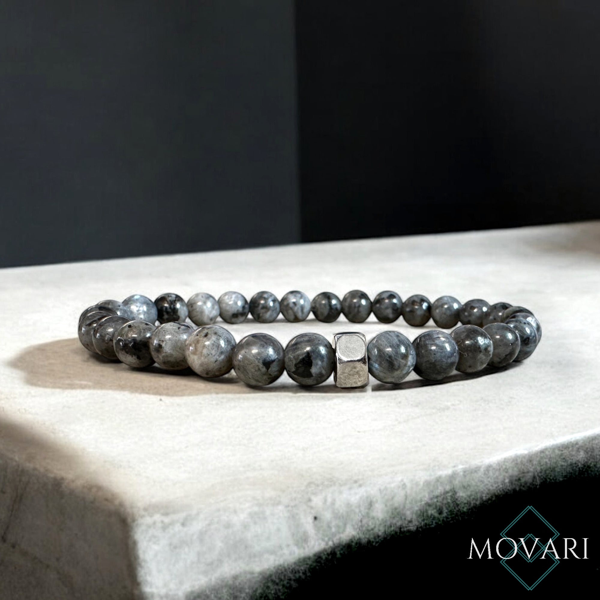 Mens Gray Bead Bracelet Flash Larvikite Hex Nut 6mm Hipster Style