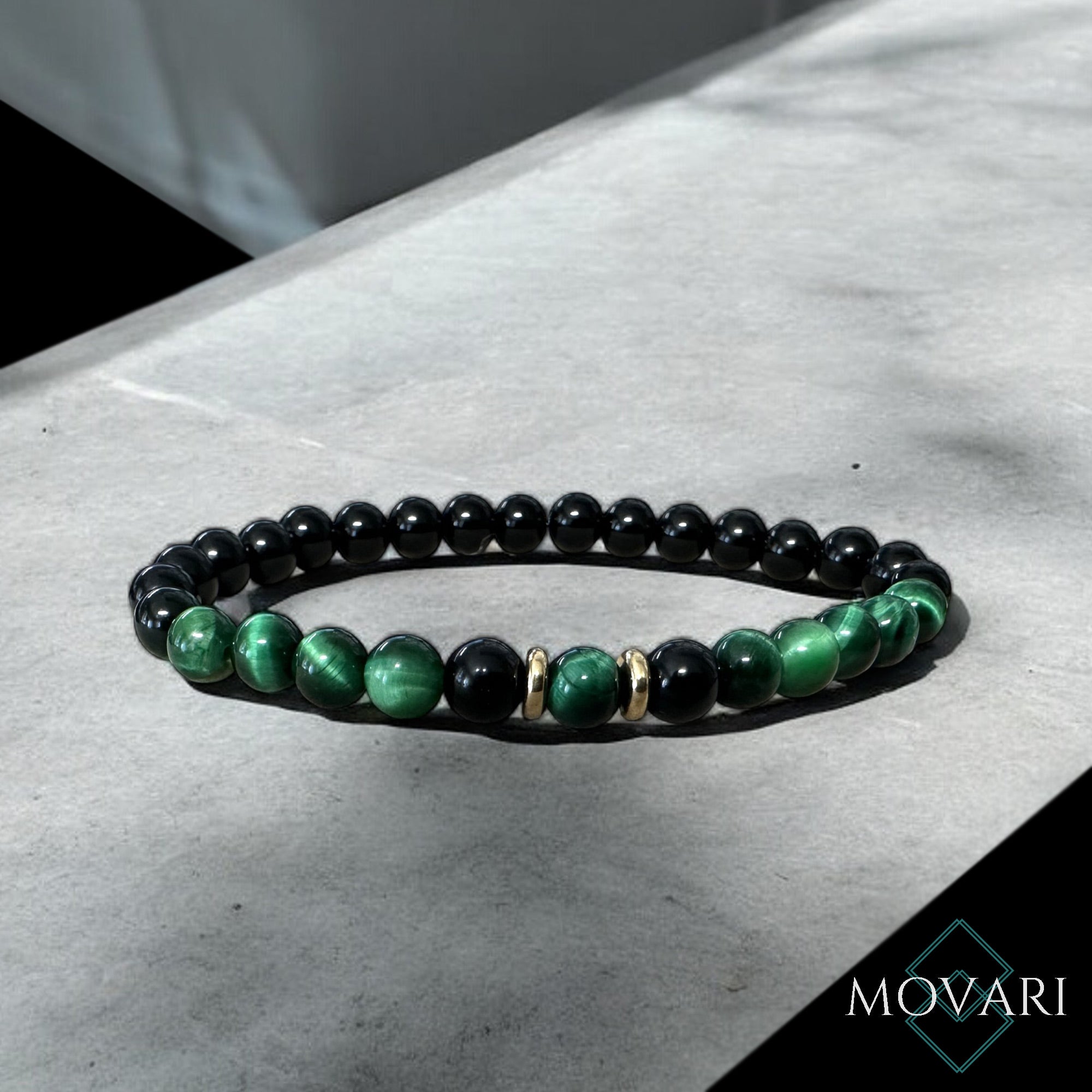 Mystic Green Tigers Eye Obsidian Brass Bead Stretch Bracelet 6mm