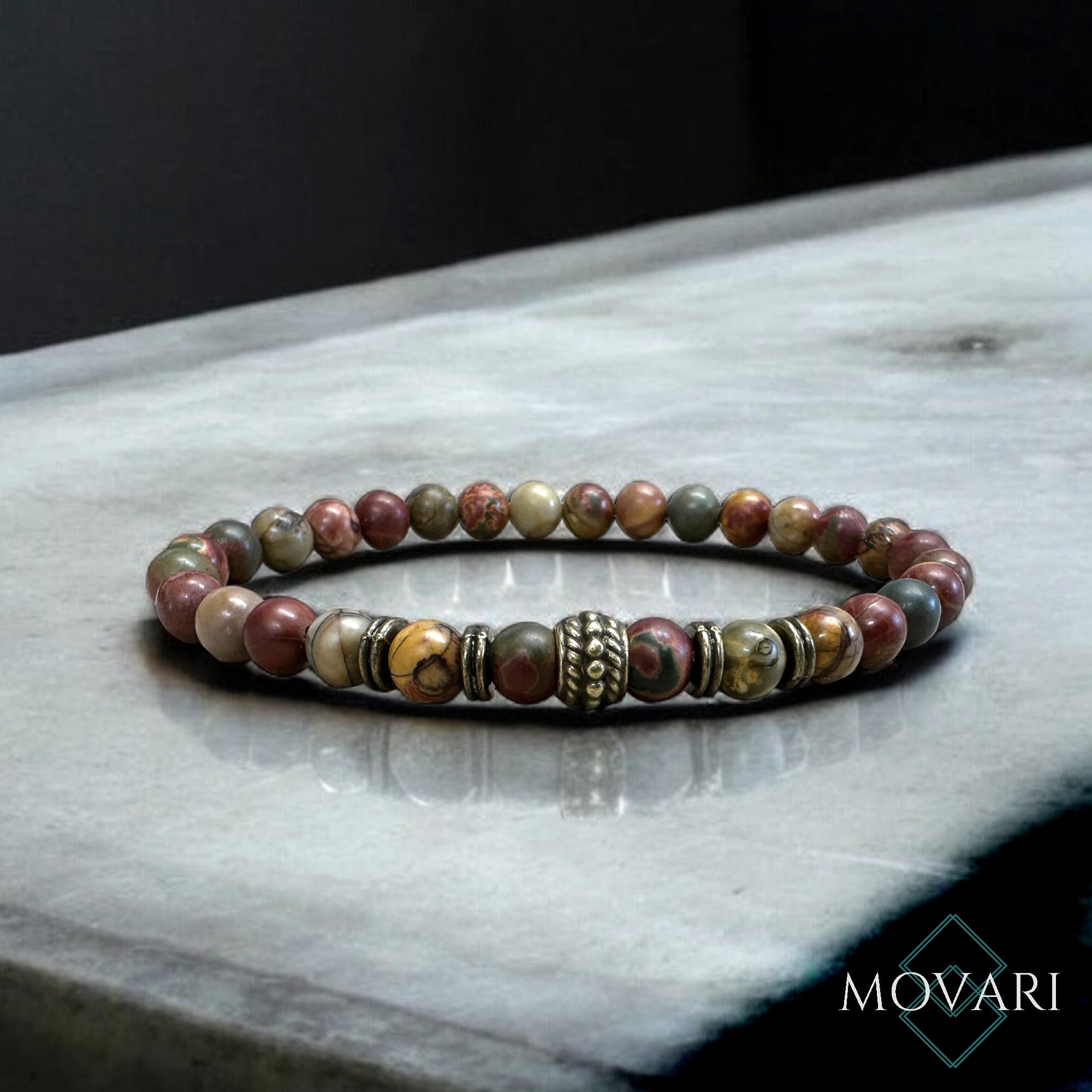 Picasso Jasper Bead Bracelet Earth Tone Mens Boho Jewelry 6mm Creativity