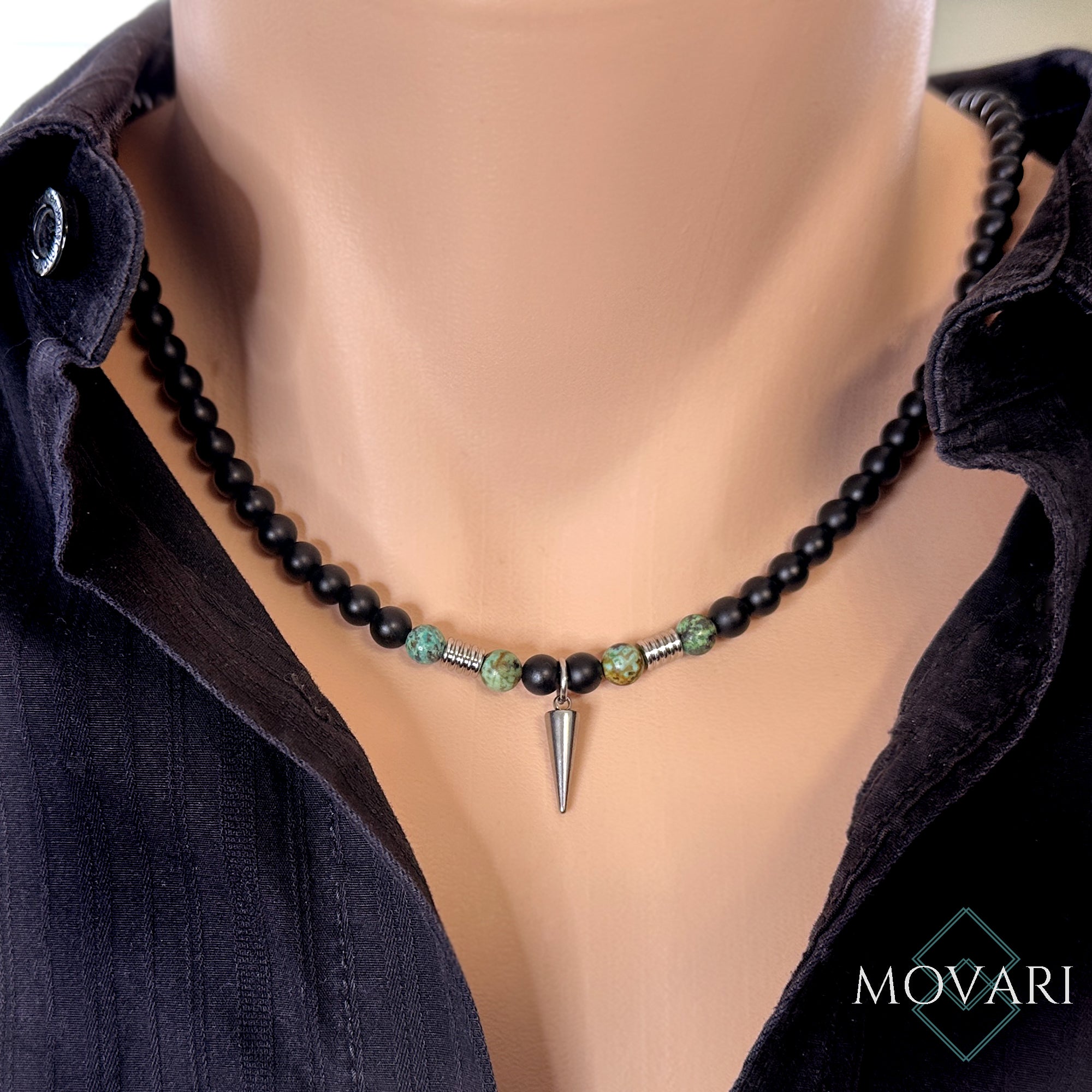 Spike Pendant Necklace Turquoise Matte Black Onyx For Men 6mm 316L