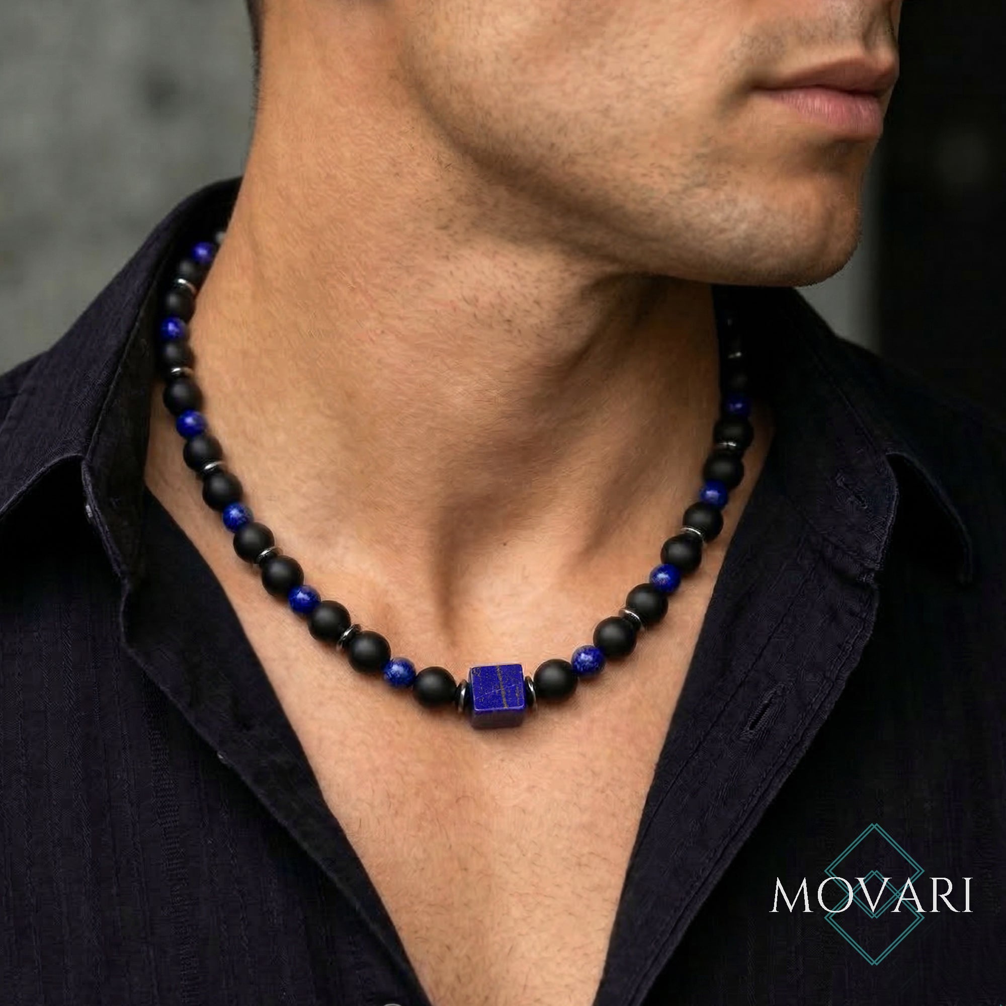 Lapis Cube 10mm Mens Beaded Necklace Onyx Hematite High Quality