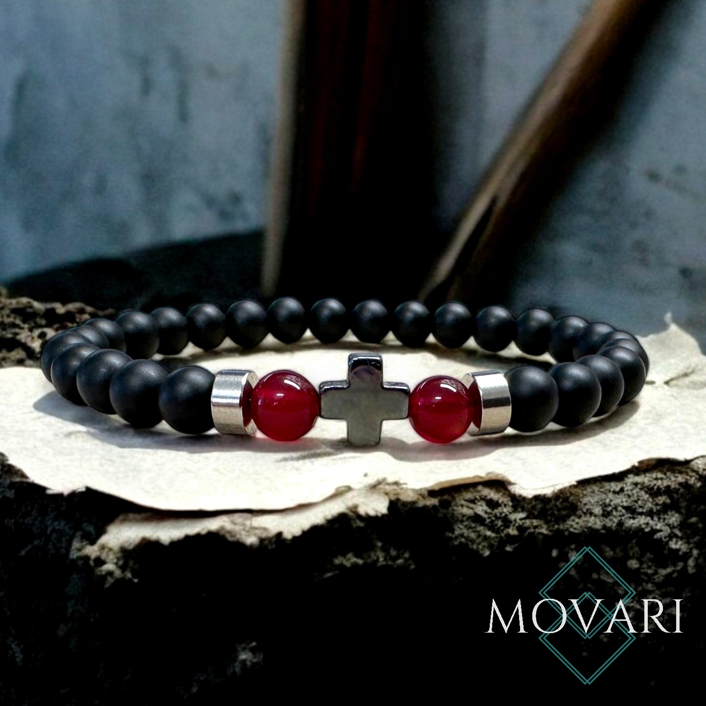 Vampire Bead Bracelet 6mm Gothic Bracelet Blood Red Jade Hematite Cross