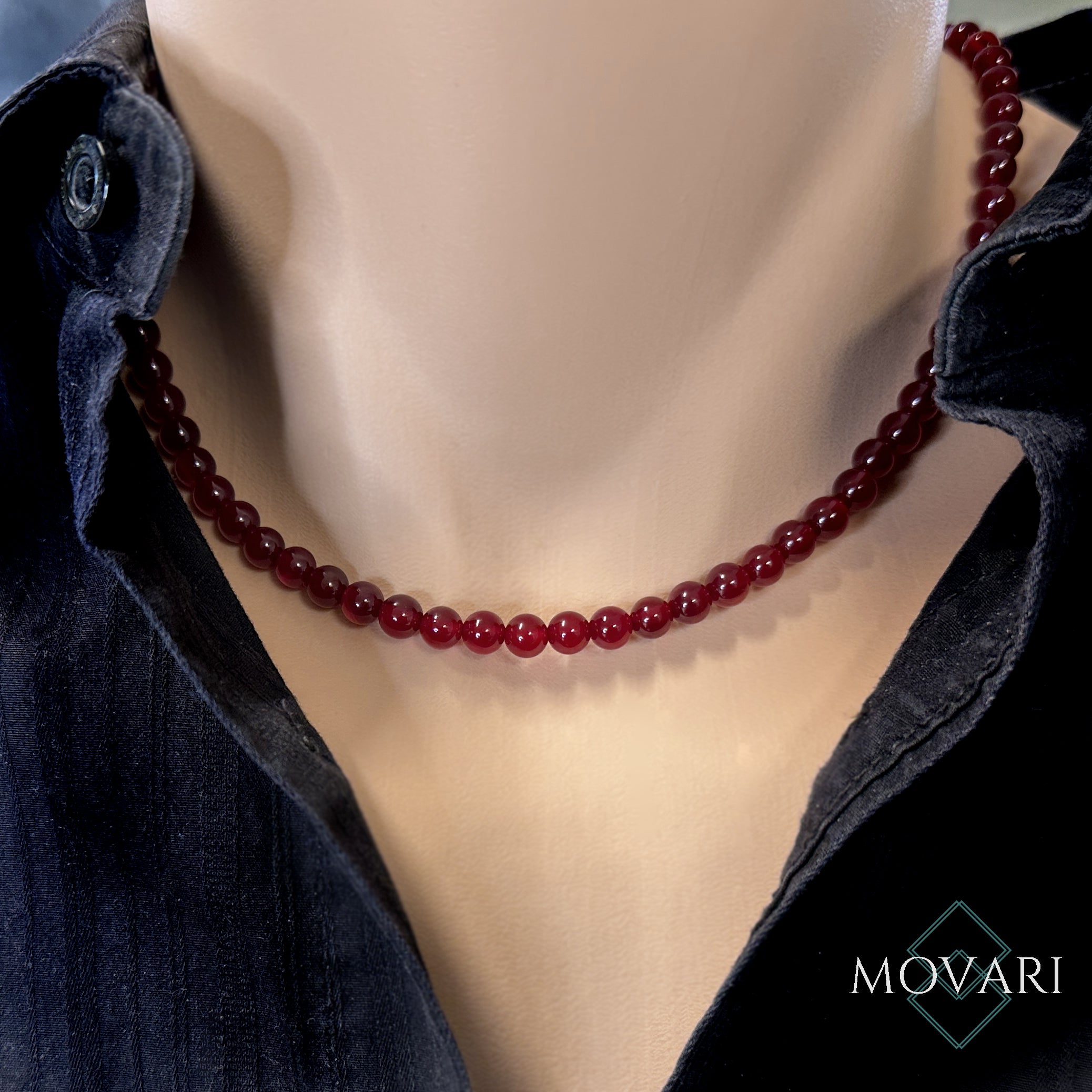 Deep Red Jade Beaded Necklace 6mm Minimalist Unisex