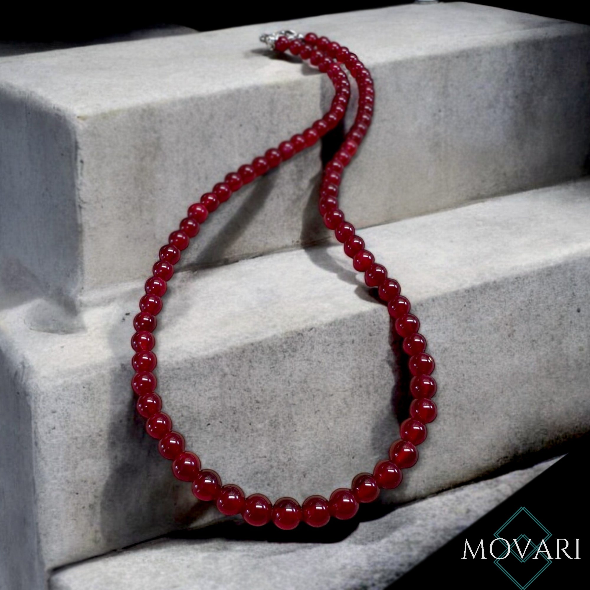 Deep Red Jade Beaded Necklace 6mm Minimalist