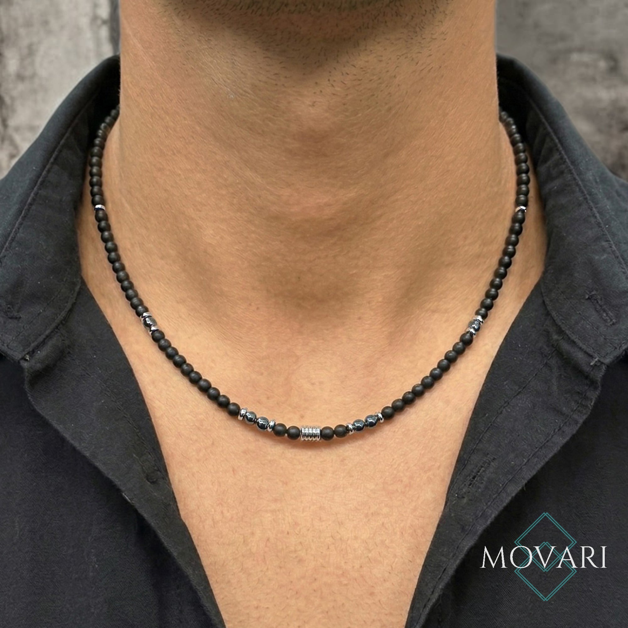 Black Onyx 4mm Hematite Necklace for Men 316L Stainless Steel