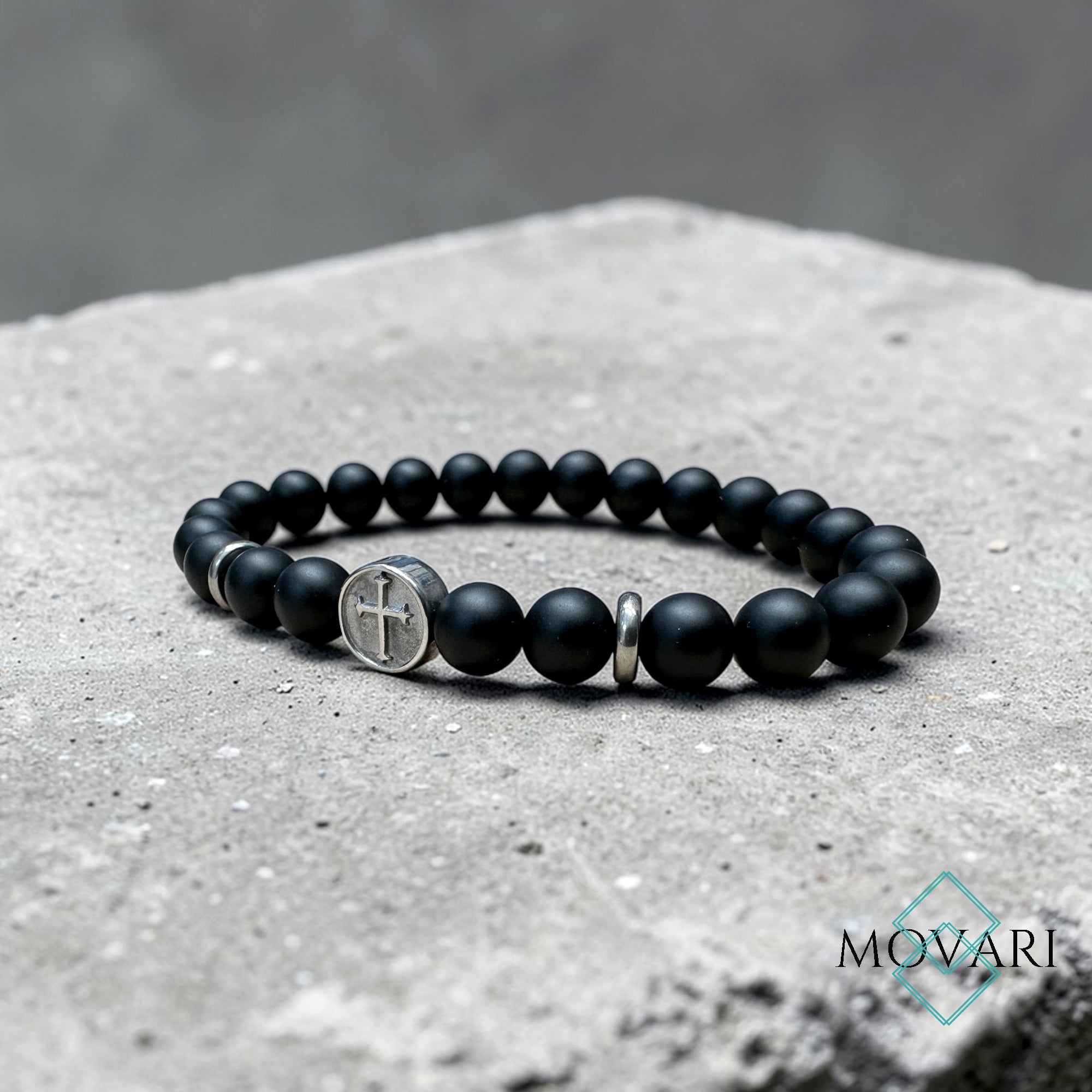 8mm Black Onyx Cross Bead Bracelet 8mm Steel Cross Charm 