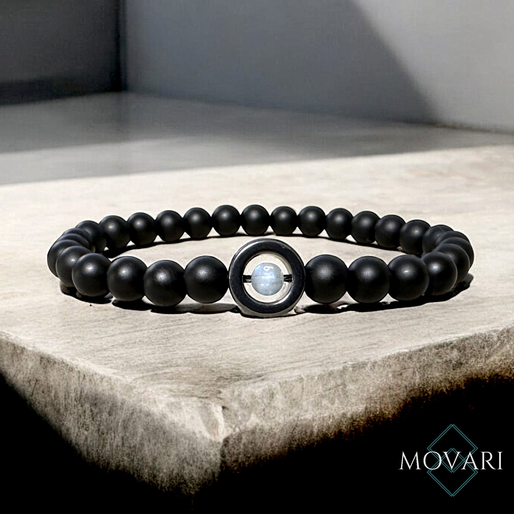 Rainbow Moonstone mens Bracelet Onyx Hematite 6mm