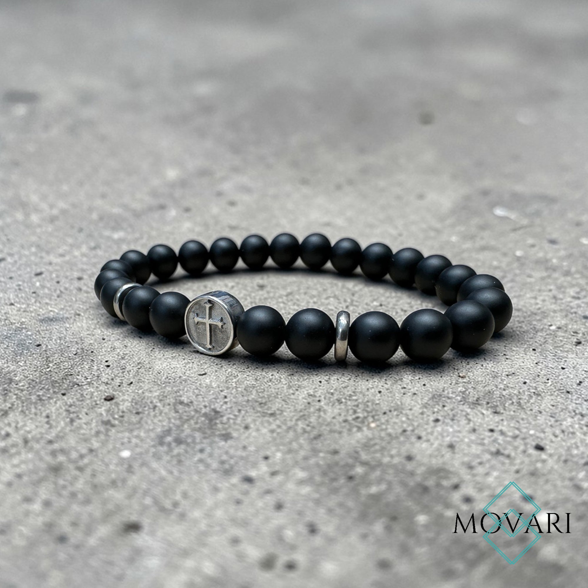 Black Onyx Cross Bead Bracelet 8mm Steel Cross Charm