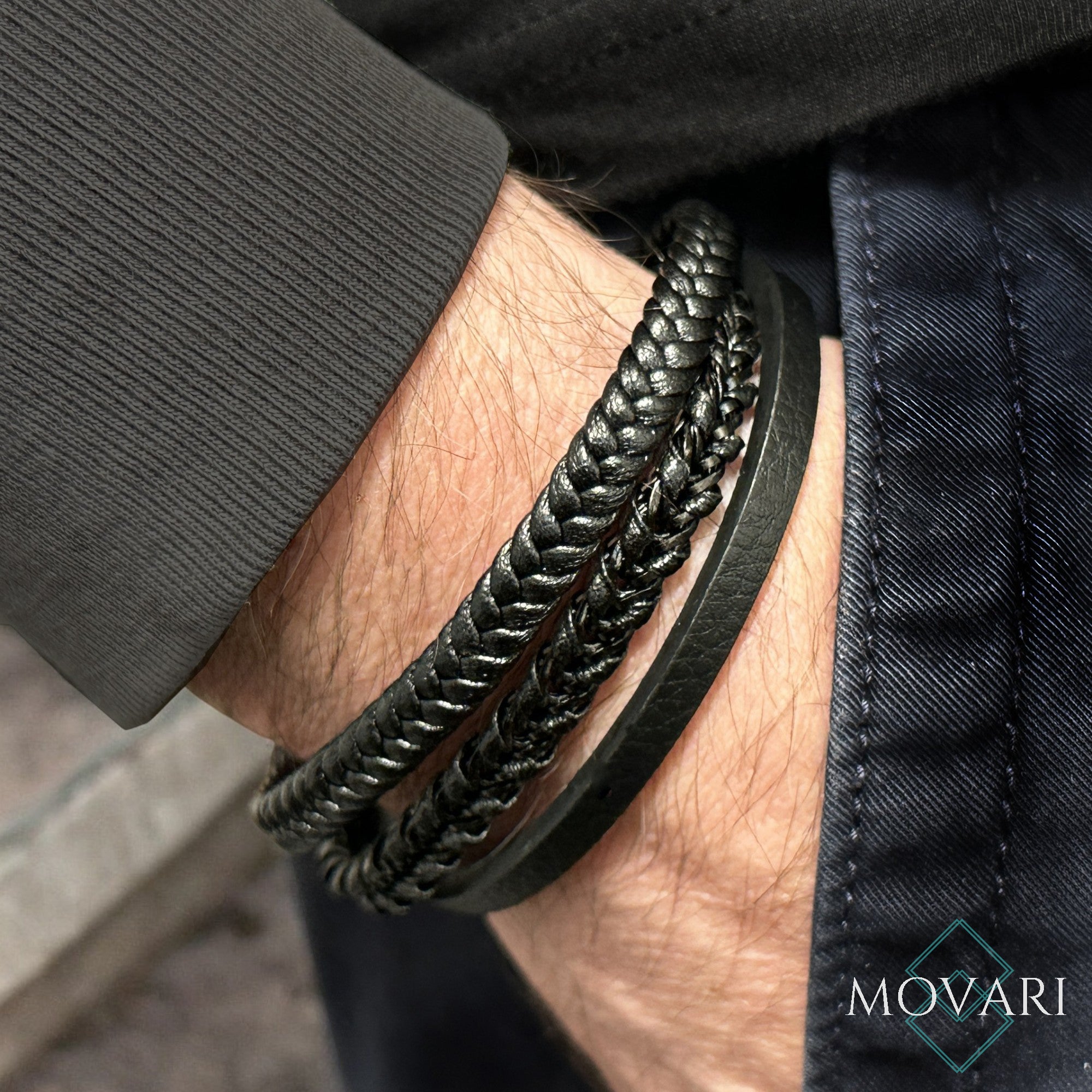 Back on black three layer leather and steel men's bracelet 