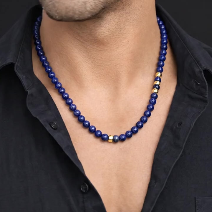 AAA 8mm Lapis Lazuli Mens Necklace with 14K Gold Filled bead